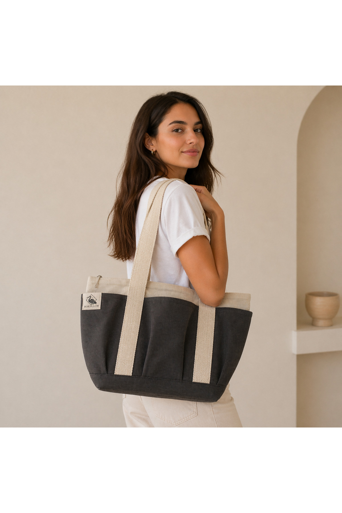 Bordglow PlusGlow Design Serisi, Füme Premium Kanvas Çanta - Tote Bag | 9 cep - Fermuarlı (40x26x12 cm) görsel 2
