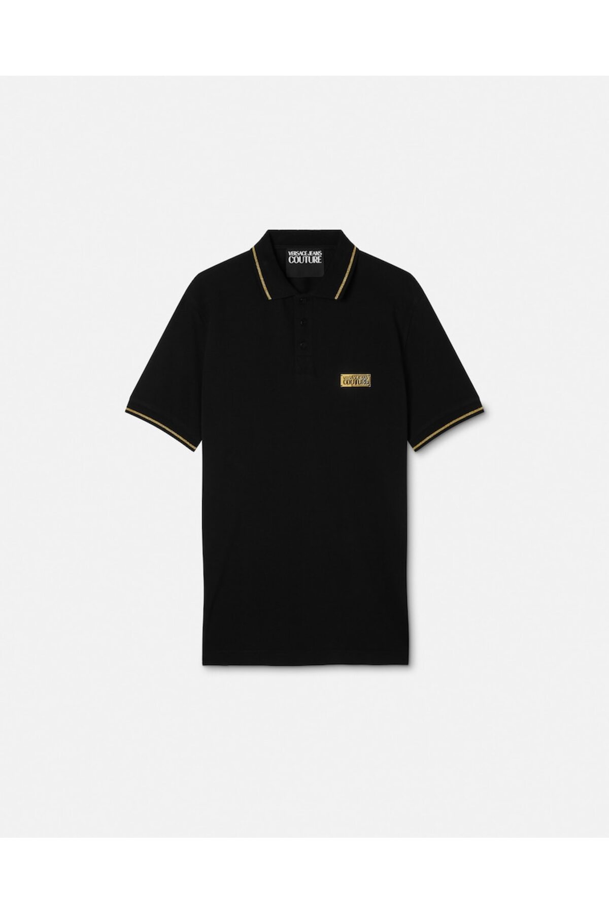 Versace Men's Slim Fit Cotton Short Sleeve Black T-Shirt with Stripe Pattern on the Collar