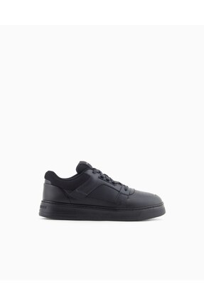 Emporio Armani Erkek Yuvarlak Burun Bağcıklı Deri File Detaylı Lacivert Sneaker