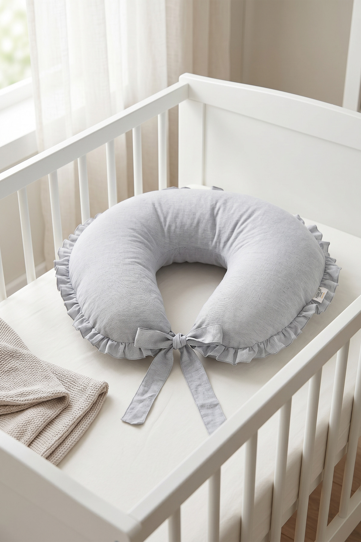 Newborn Double Sided Pregnant Mother Baby Breastfeeding Pillow Washable Cushion with Ruffle Cover Grey