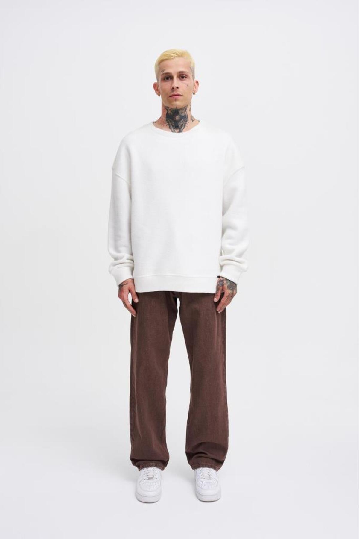 Oversize Polar Basic Sweatshirt Ekru — سفید M3437 — تصویر 5 از 6