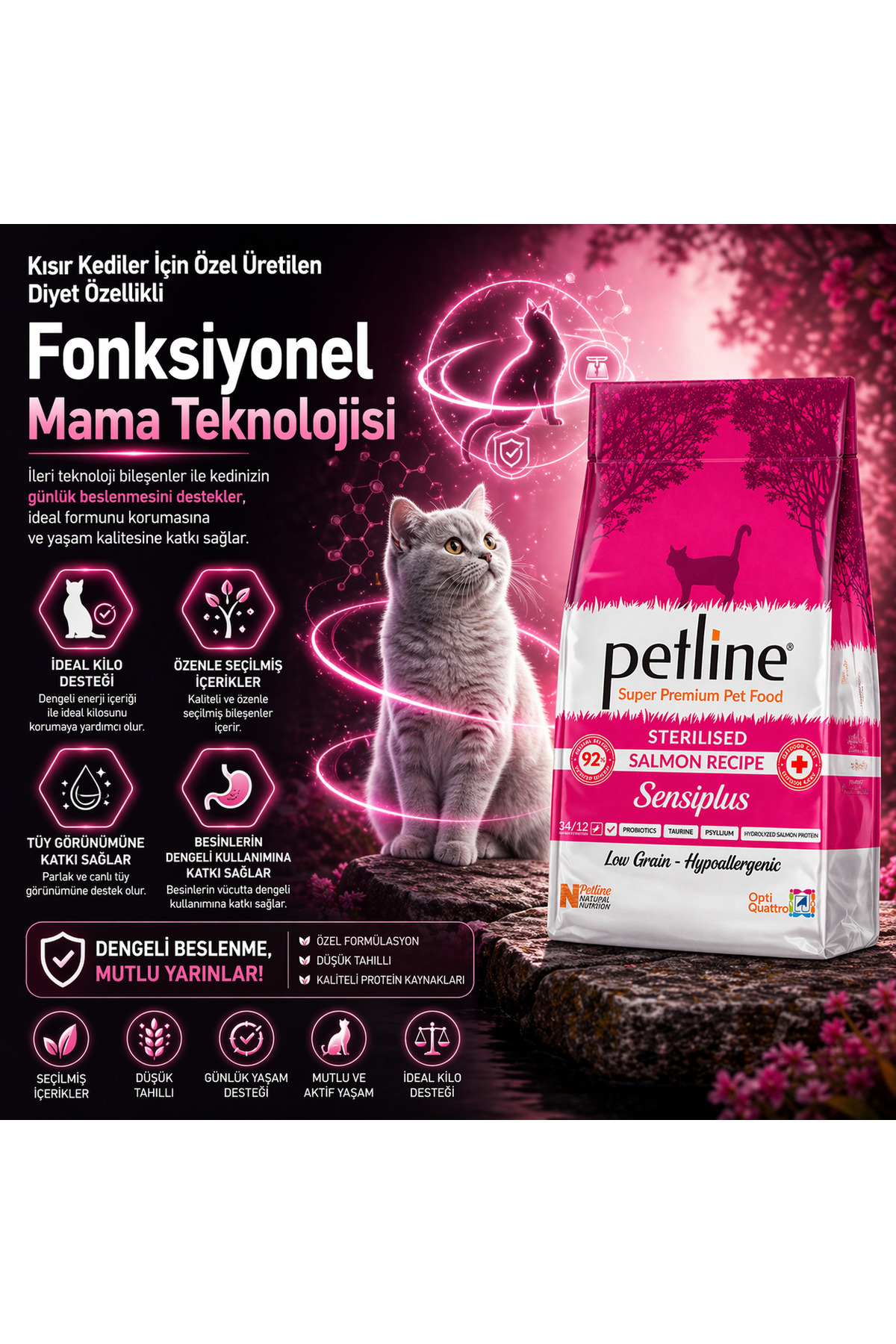 Petline Kilo Almasını Engelleyici Diyet Özellikli Kısır Mama- Somonlu Yetişkin Kedi Maması 1.5kg - Sensiplus - Fiyatı, Yorumları