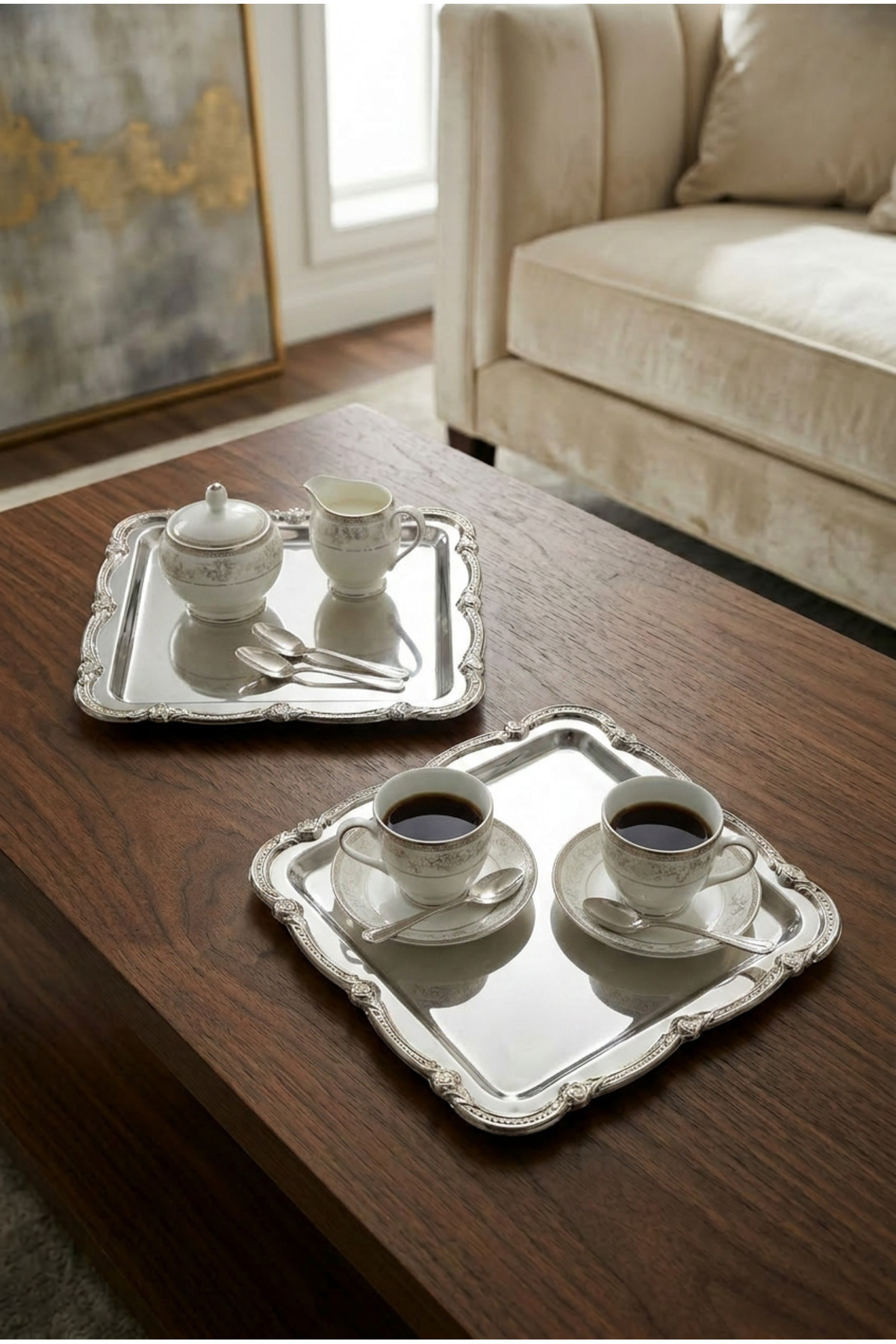 Daztek Silver 2-Piece Stainless Steel Silver Frame Coffee Serving Tray Serving Decorative Tray