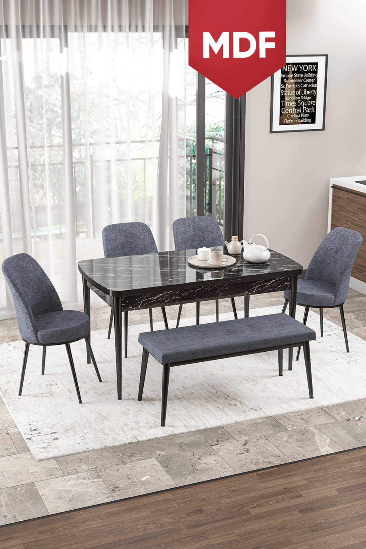 Via Series Openable MDF Kitchen Table Set Black Marble Pattern Table 4 Smoked Chairs 1 Bench