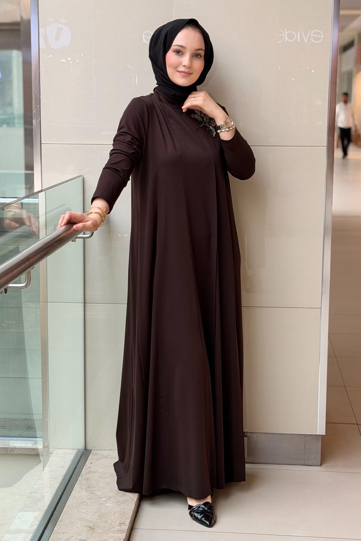 Nurcan Çetin Ribbed Full Length Dress with Beaded Shoulders- Trendyol