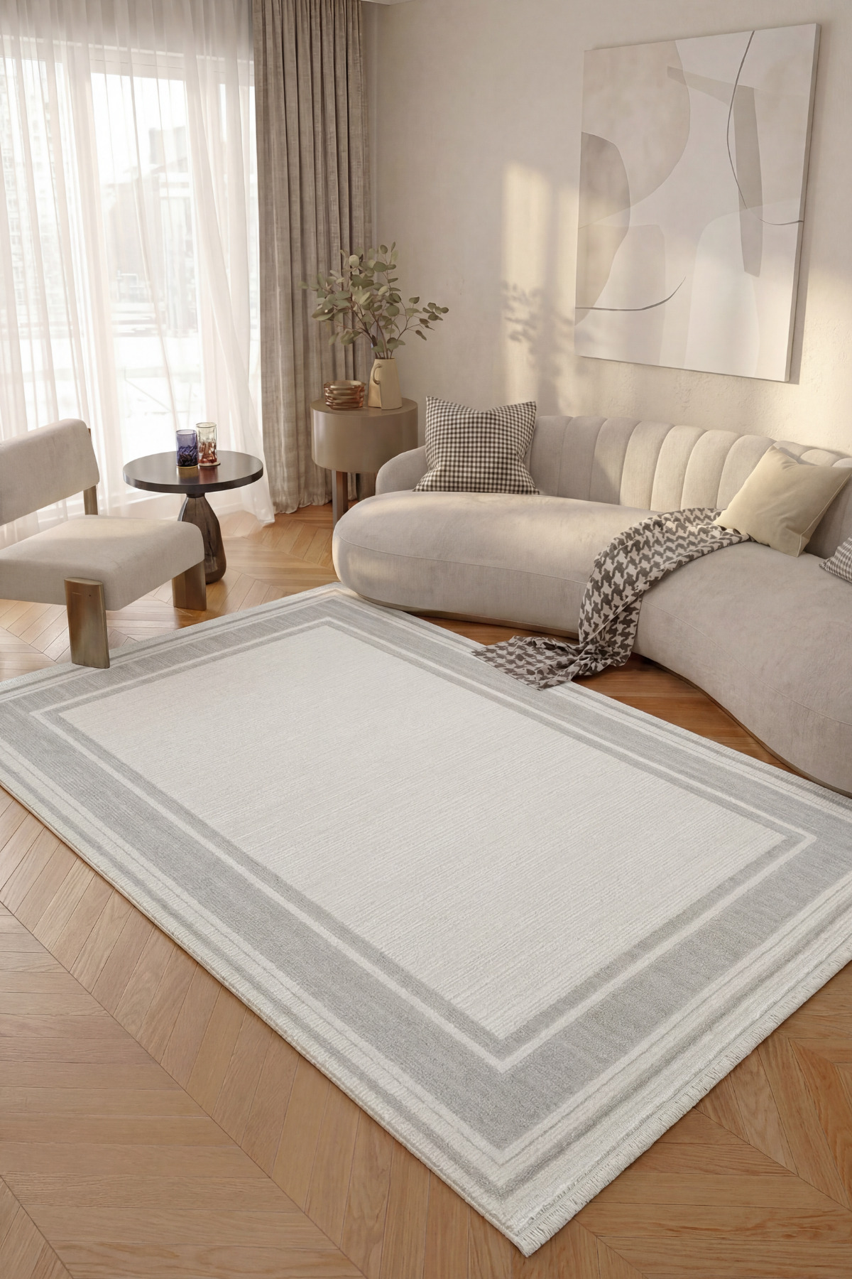 Arezzo White Gray Framed Soft Acrylic Cotton Sole Machine Woven Modern Living Room Living Room Rug