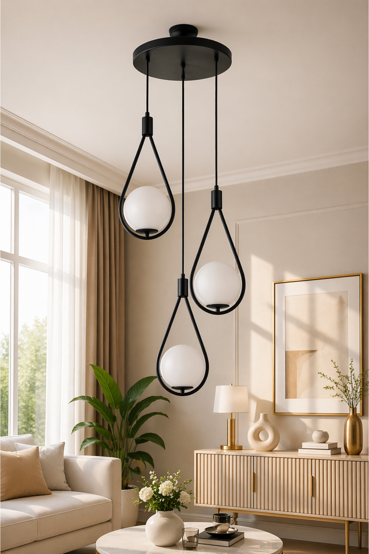 Drop 3-Piece Urban 3-Piece Black and White Globe Glass Pendant Modern Chandelier Living Room Chandelier