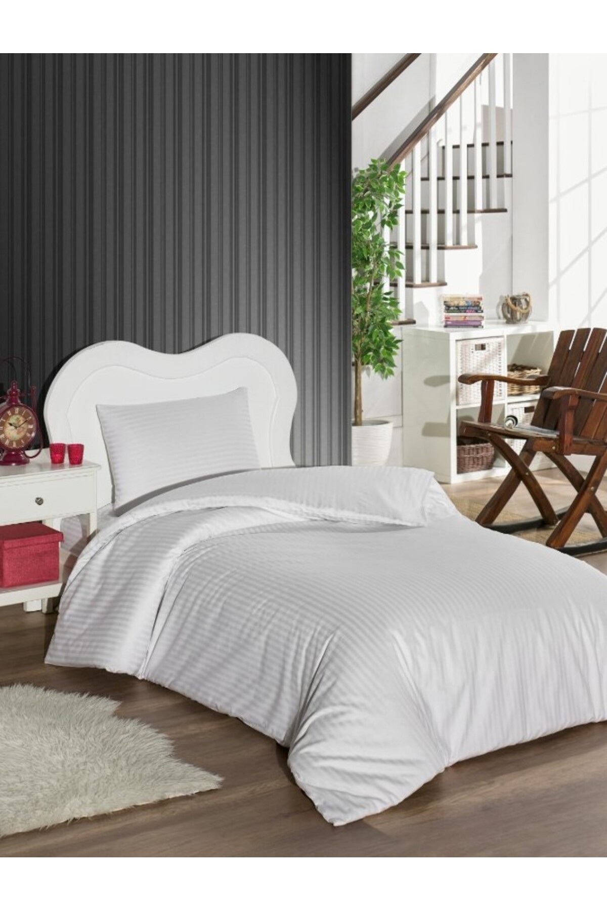 Duvet Cover World Single Striped Satin Duvet Cover Set White