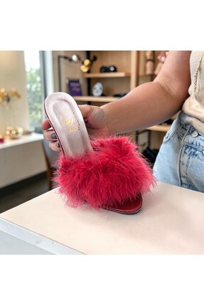 HAUKS SHOES Çeyiz-Nişan-Kına-Düğün Açık Terlik Abiye Taşlı Tokalı Tüylü Bantlı