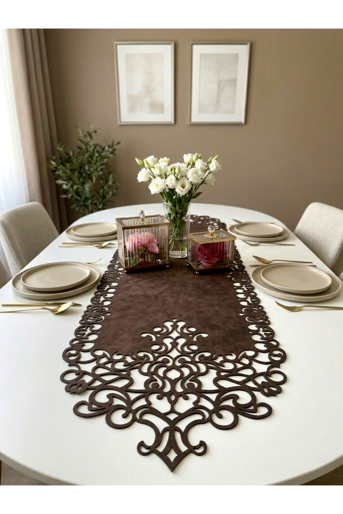 Dark Brown (Venge) Suede Fabric Runner 40x140 Cm Table Length - Modern Design