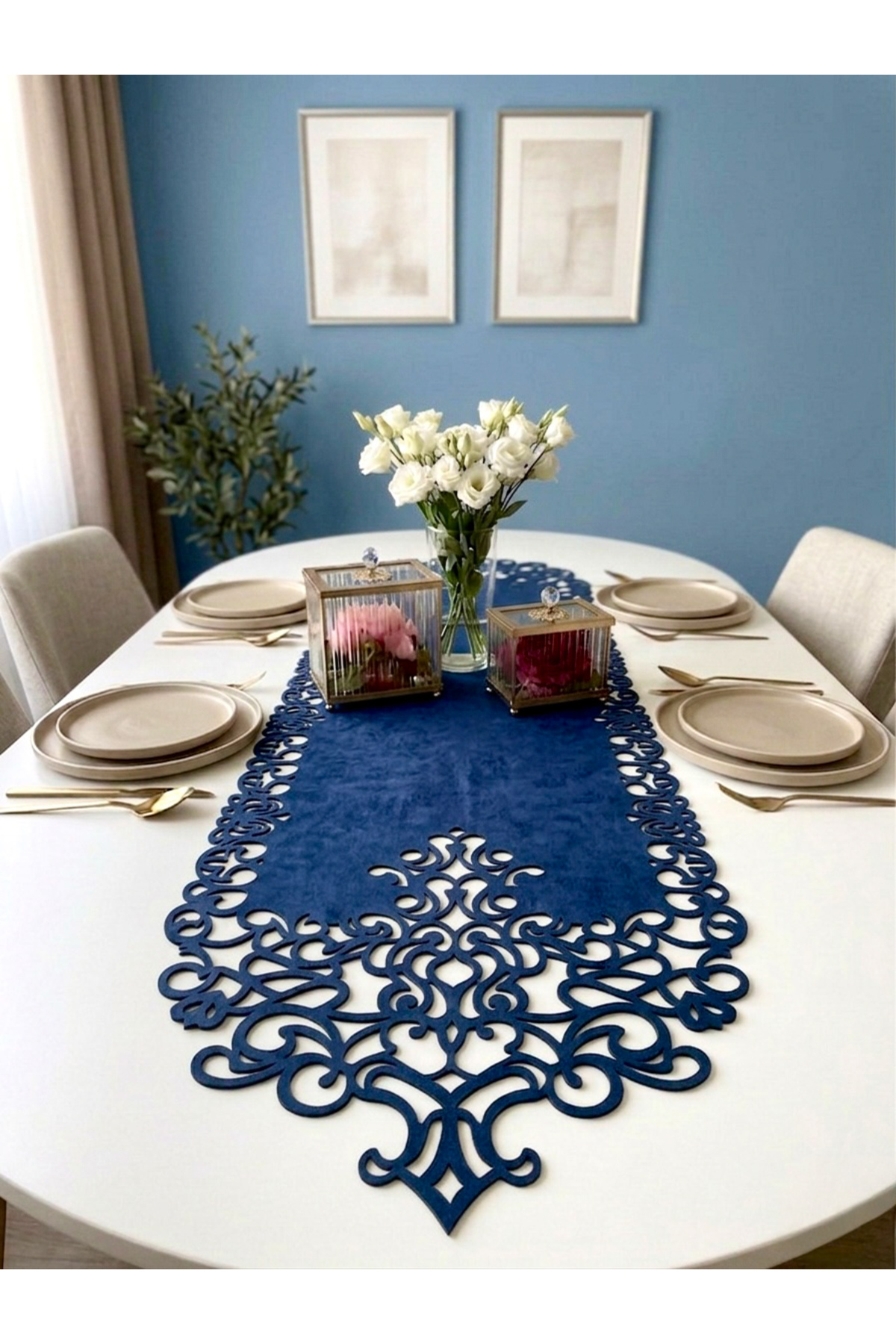 Lacıvert Suede Fabric Runner 40x140 Cm Table Length - Modern Design