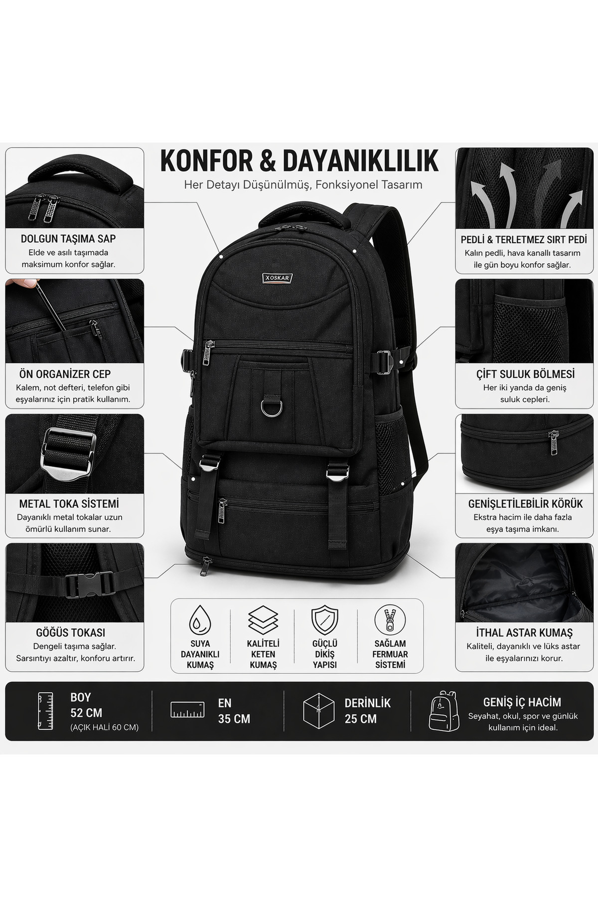 MAYALAR SIRT ÇANTASI BATTAL BOY DAĞCI KAMP KÖRÜKLÜ 8cm SİYAH görsel 6