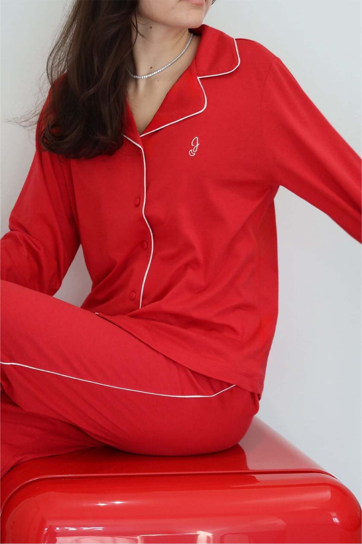 Jaya Modal Biyeli Cepli Pijama Takımı / Kırmızı görsel 6