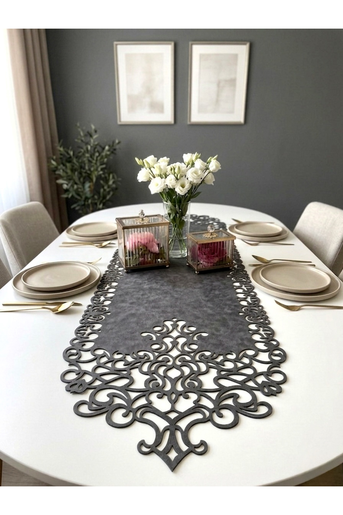 Dark Gray Suede Fabric Runner 40x140 Cm Table Length - Modern Design