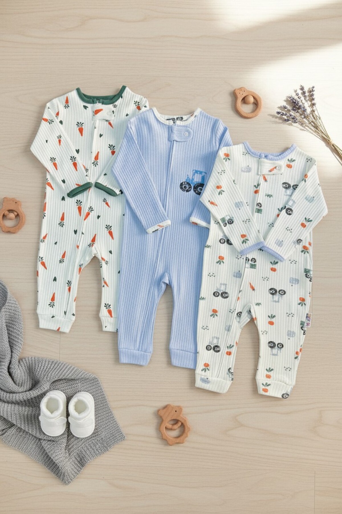 100% Cotton 3-Piece Baby Romper Set Zippered Footless Ribbed Long Sleeve Combination