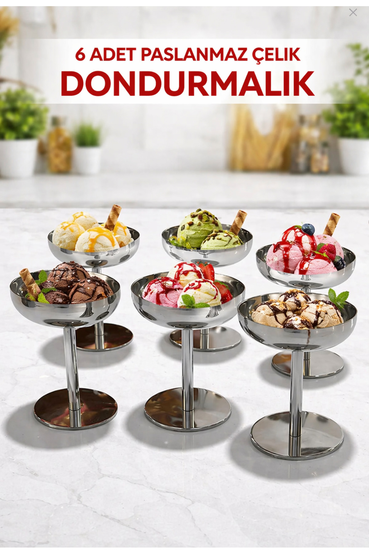 6-Piece Stainless Steel Ice Cream Bowl Footed Serving Cup Dessert Fruit Bowl Set