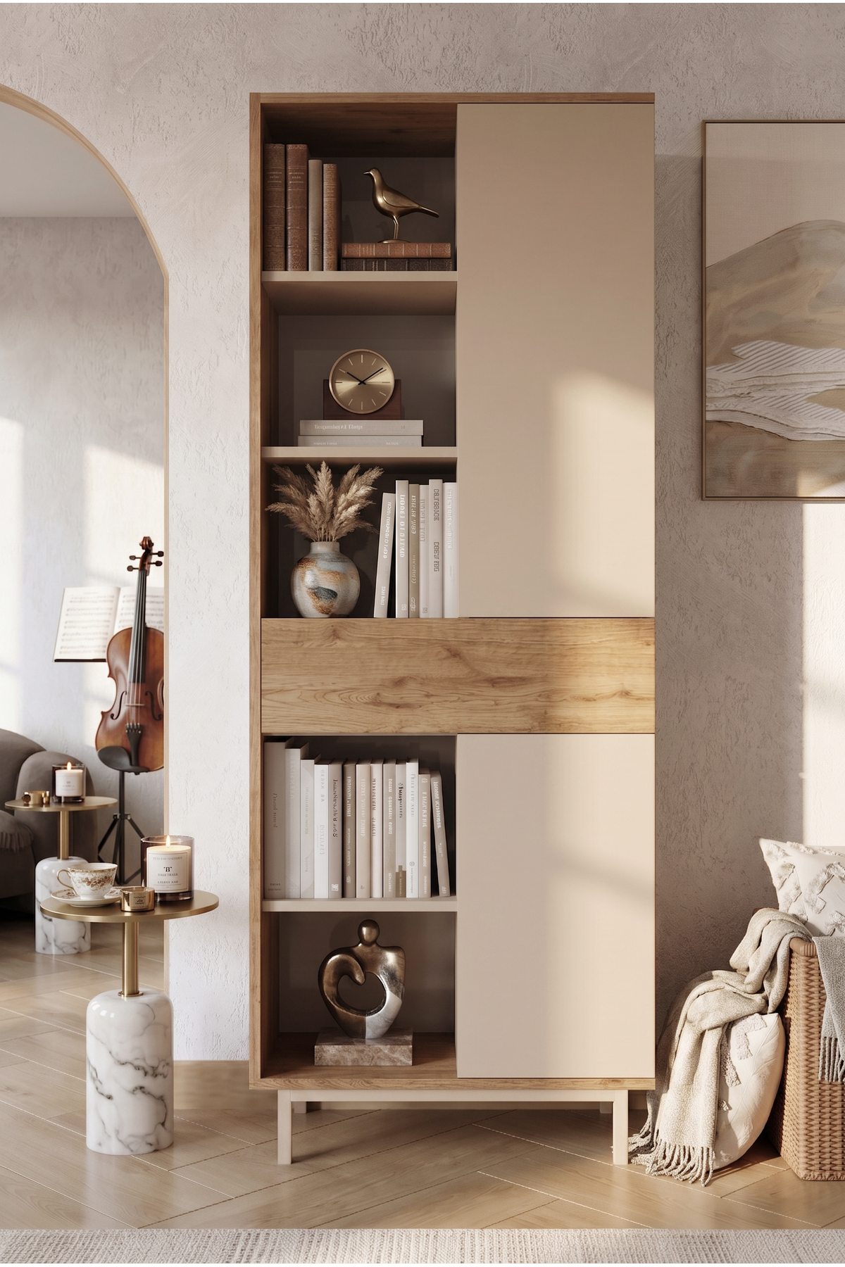 Sedra Bookshelf Shelf Wooden Leg 189cm 2 Lid Drawer Beach-Basket SD7-CS