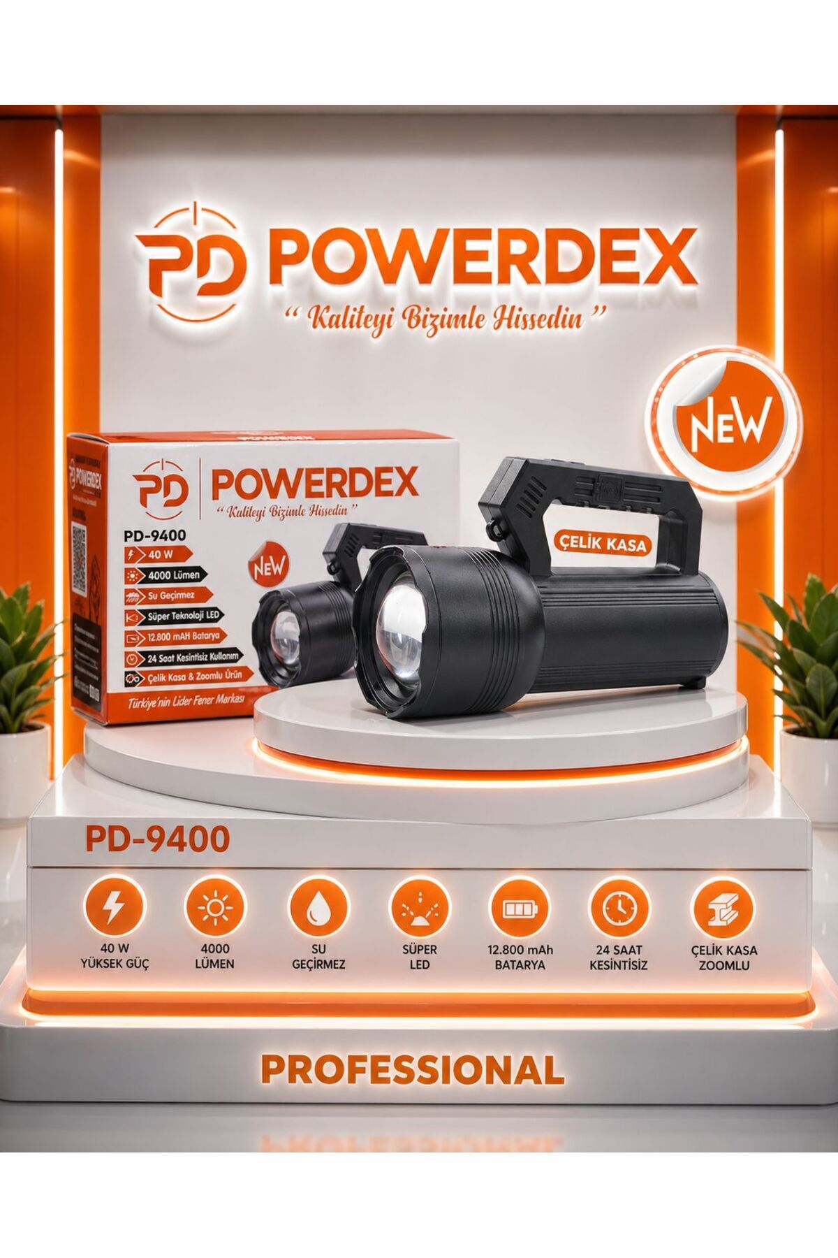 powerdex PD-9400 Profesyonel Zoomlu 40W / 4000 Lümen / Çelik Kasa