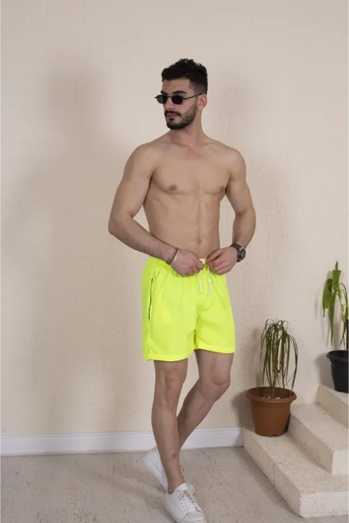 Erkek Deniz Şortu Fermuarlı Cepli File Astarlı - Neon Yeşili