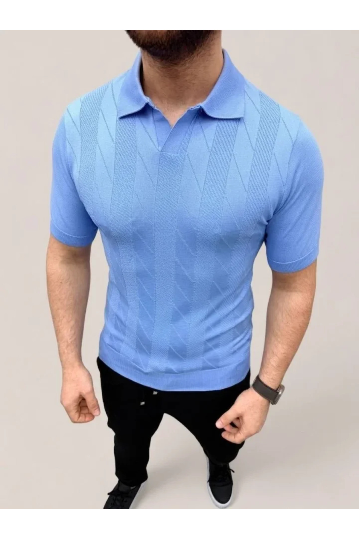 Erkek Yazlık Triko Dokuma Tişört Kısa Kol Polo Yaka T-Shirt - Bebek Mavisi