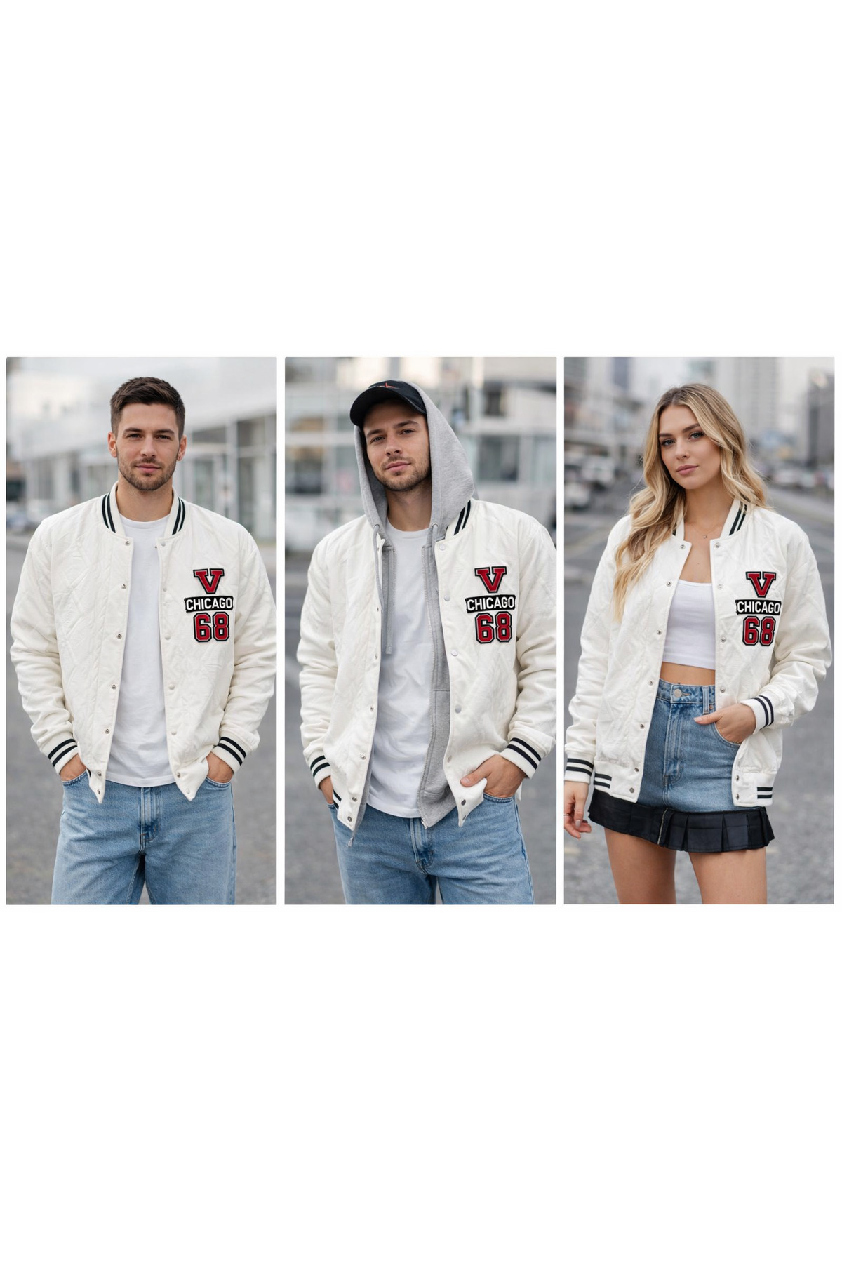 Sublime Butik Unisex Beyaz Kolej Ceket Çıtçıt Kapamalı ve Chicago Nakışlı görsel 3