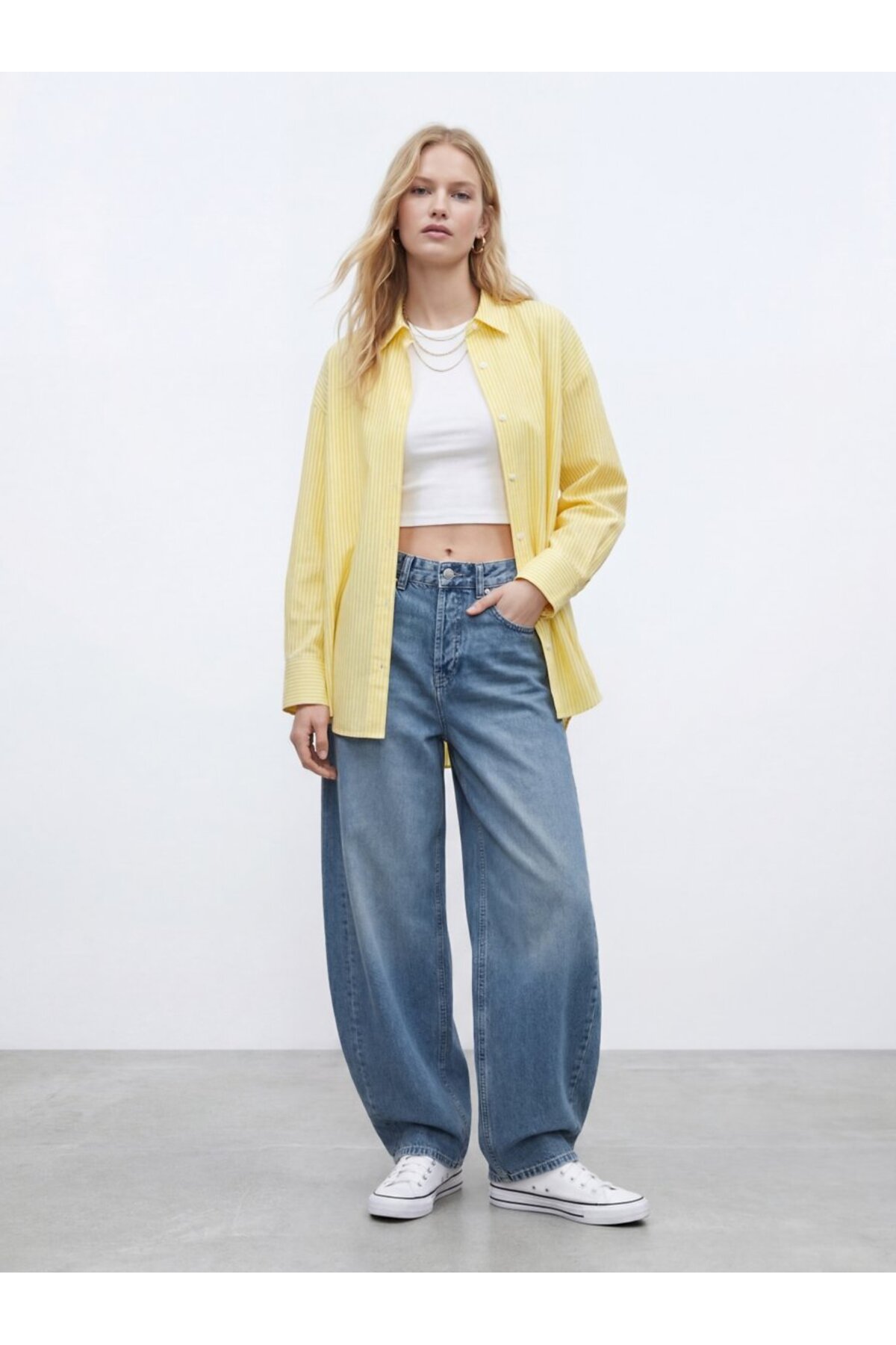 Ltb Çizgili Oversize Sarı Gömlek
