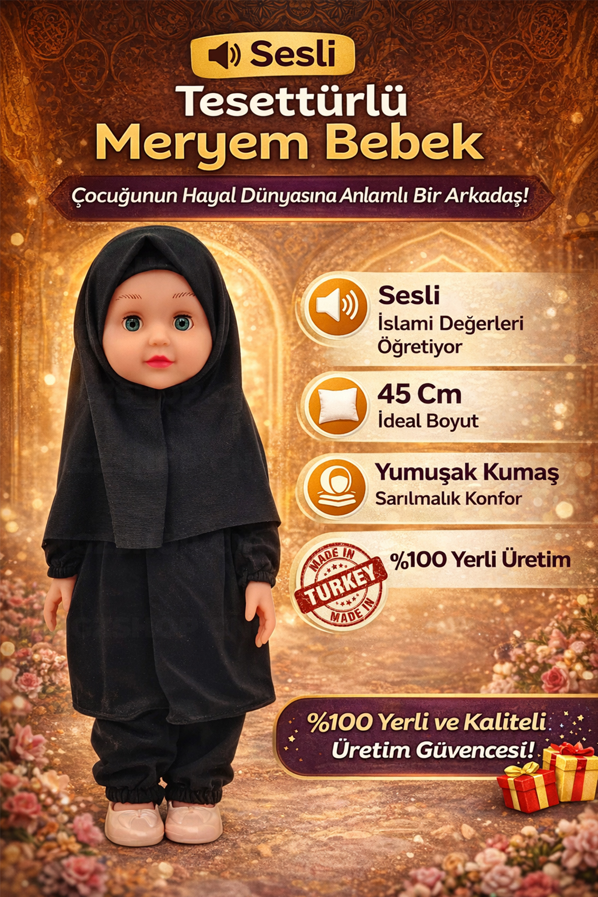 CNGZSHOP Tesettürlü Meryem Bebek 45 CM Yumuşak Peluş Oyuncak Bebek