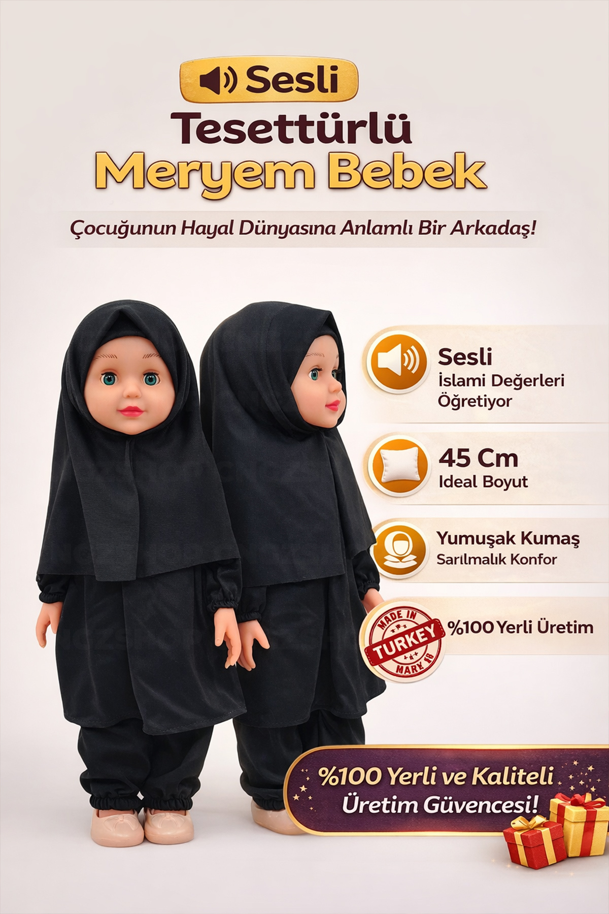 CNGZSHOP Tesettürlü Meryem Bebek 45 CM Yumuşak Peluş Oyuncak Bebek