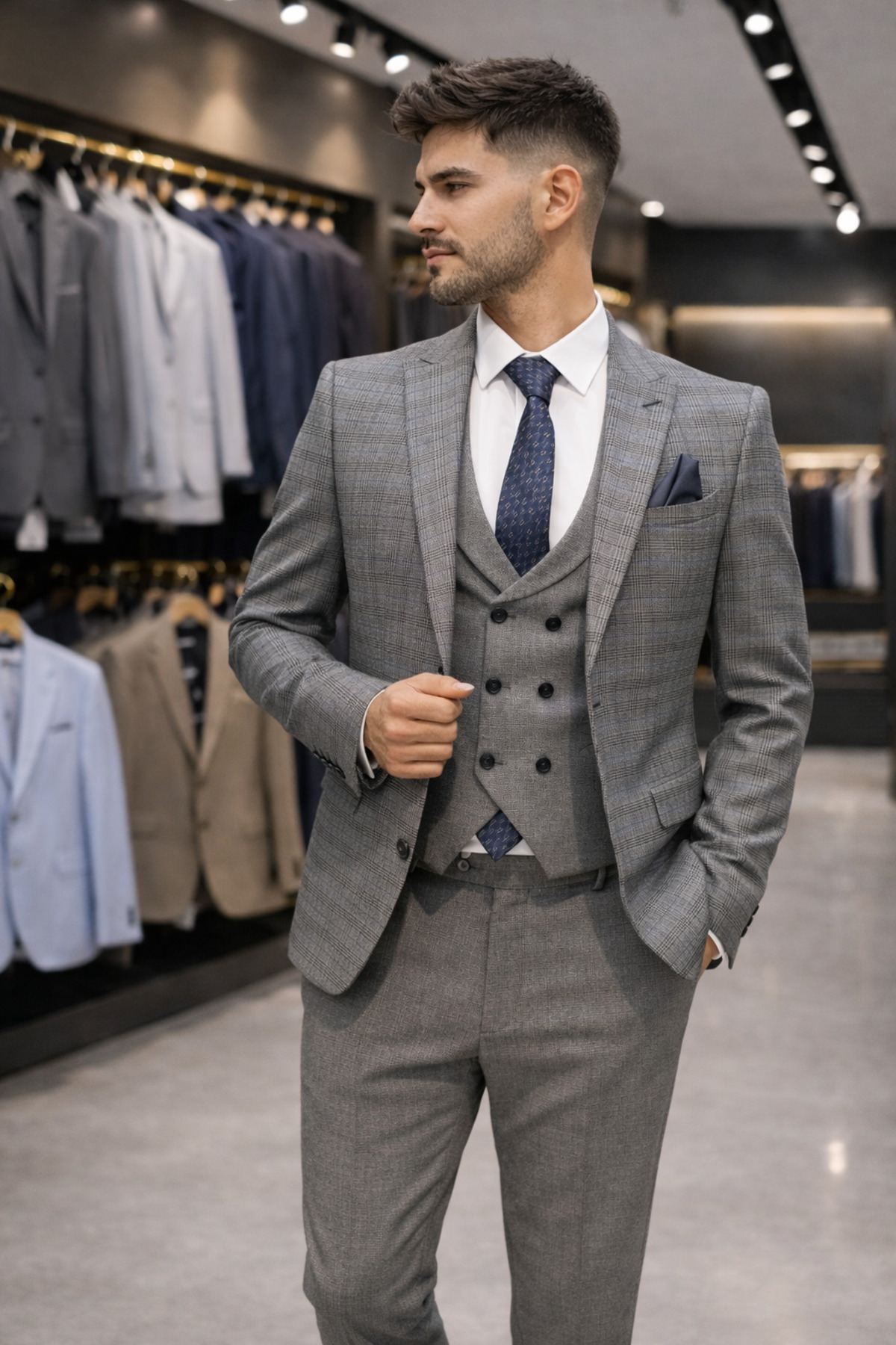 ŞIK ADAM Slim Fit Gri Ekose Yelekli Klasik Takım Elbise