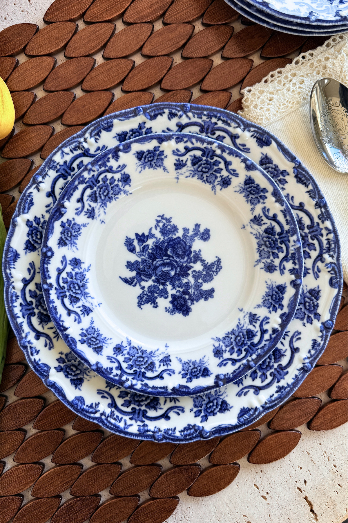 Antique Deep Azul 6-person 19 cm Special Design Premium Porcelain Cake Plate Set Floral Pattern