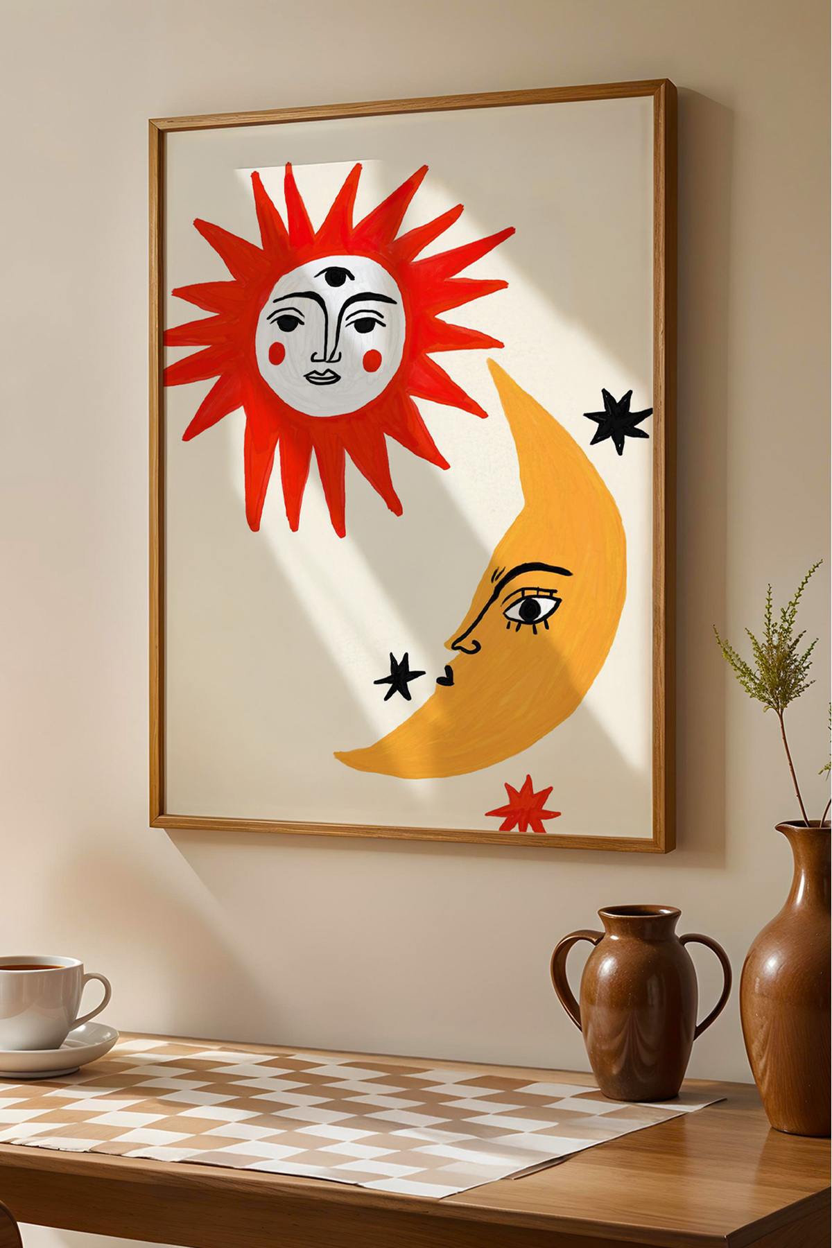 Güneş ve Ay Figürlü Poster Mistik Bohem Duvar Dekoru Çerçevesiz