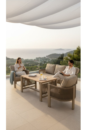 BALCO HOME Lavanta 3+1+1+Masa Alüminyum Bahçe Balkon Oturma Grubu Cappucino