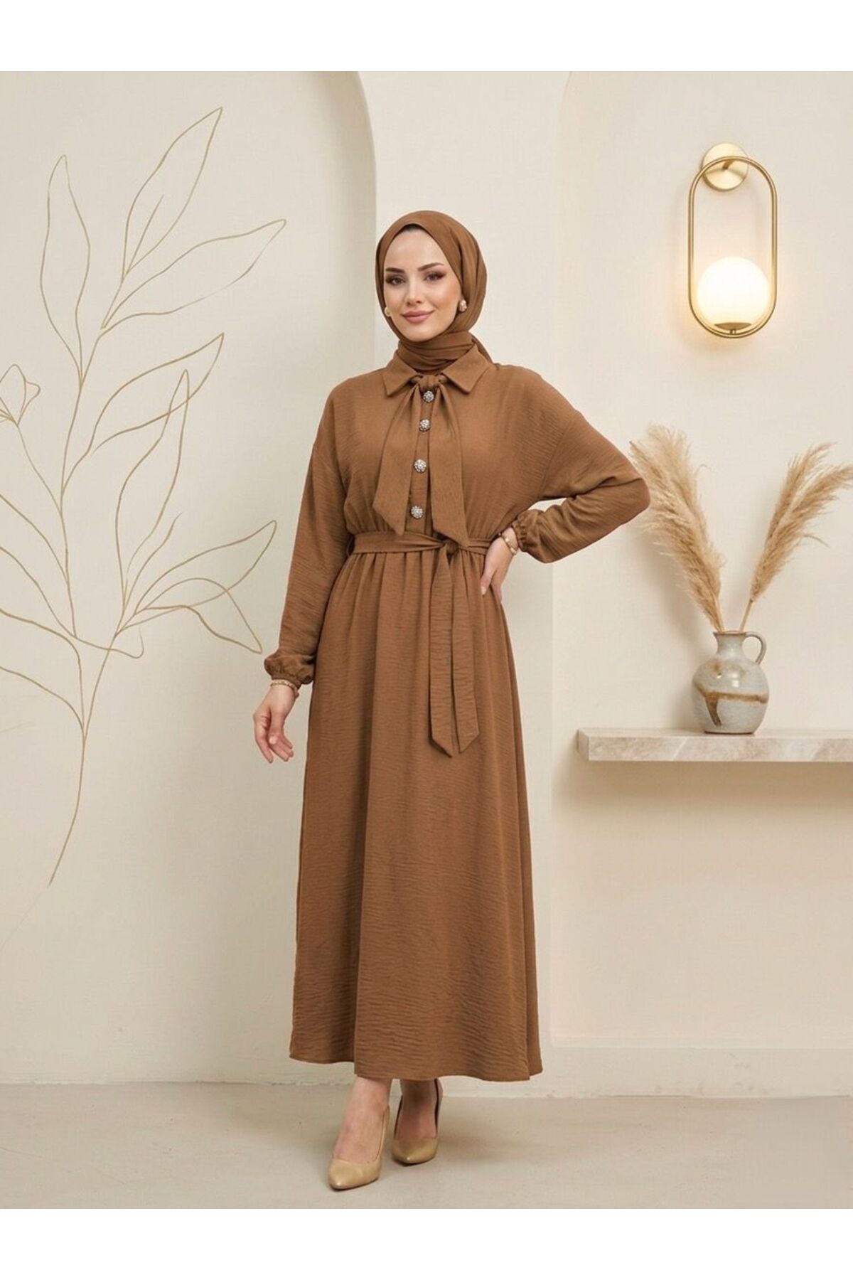 Women's Black Cotton Modal Flowing Belted Dress - Mevlana Model Modest Dress with Elastic Waist
