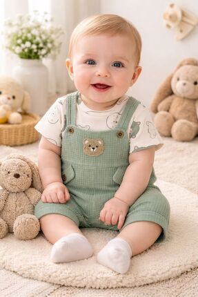 babyist Bebek Yazlık Şortlu Salopet Takım Sevimli Ayıcık Desenli