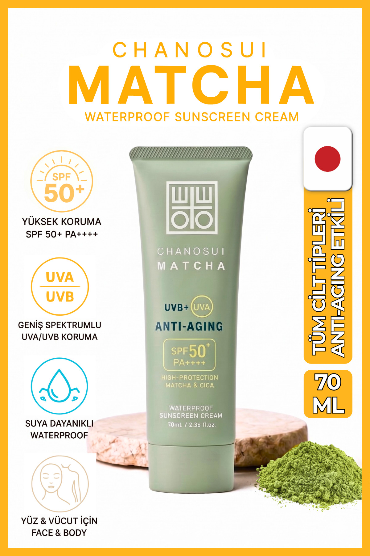 Cosmetex Roland Yaşlanma Karşıtı SPF50+ Japon Matcha Özlü Tüm Cilt Tiplerine Uygun Yüz & Vücut Güneş Kremi 70 ml