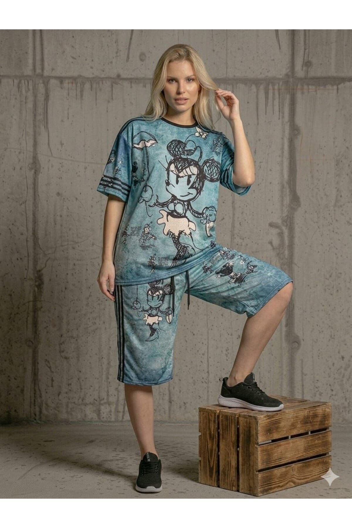 TREND DIGITAL STONE PRINT EMBROIDERY SEQUIN OVERSIZE SHORT SLEEVE SPORTS SUIT-DIGITAL STONE PRINT TRACKSUITSET
