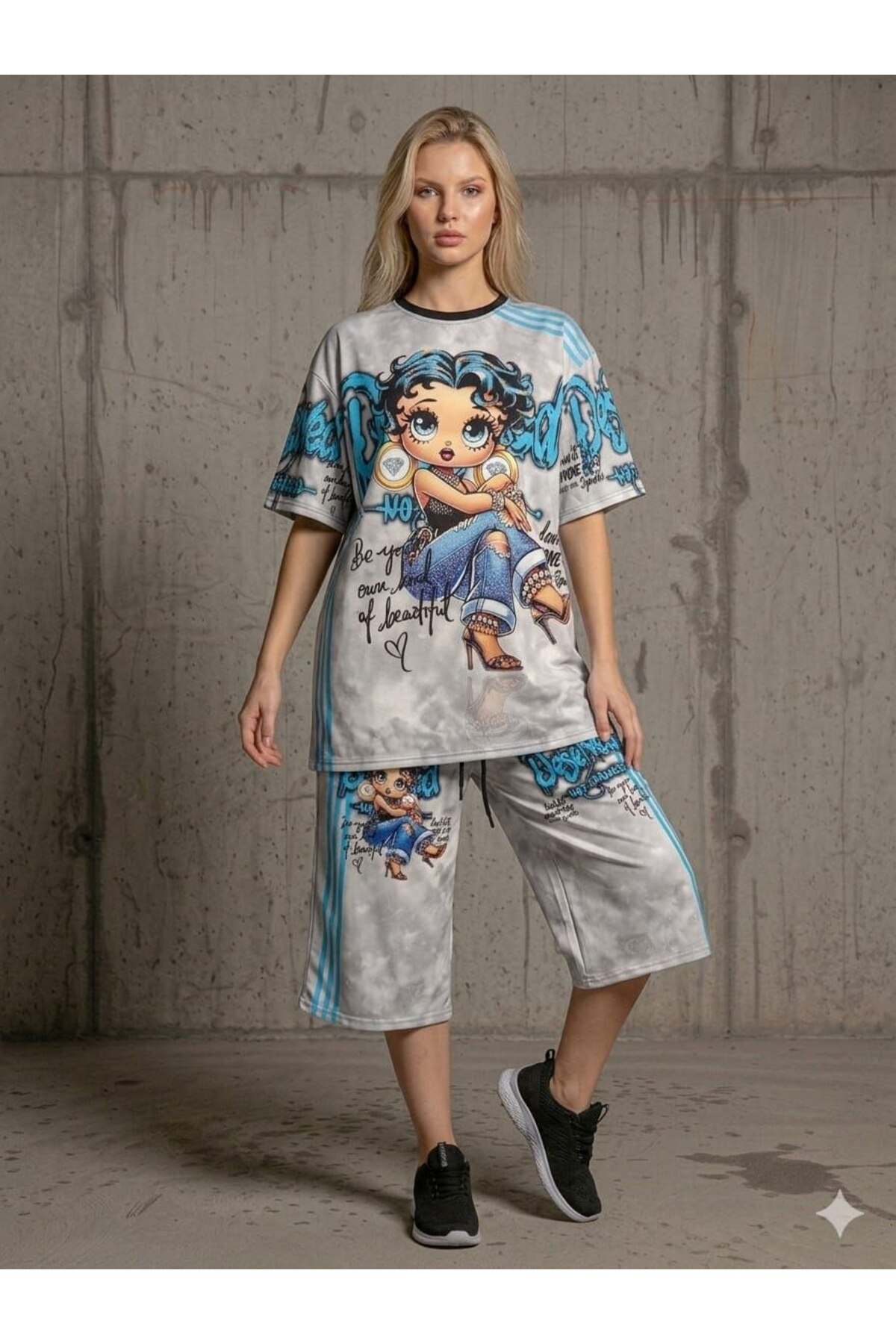 TREND DIGITAL STONE PRINT EMBROIDERY SEQUIN OVERSIZE SHORT SLEEVE SPORTS SUIT-DIGITAL STONE PRINT TRACKSUITSET
