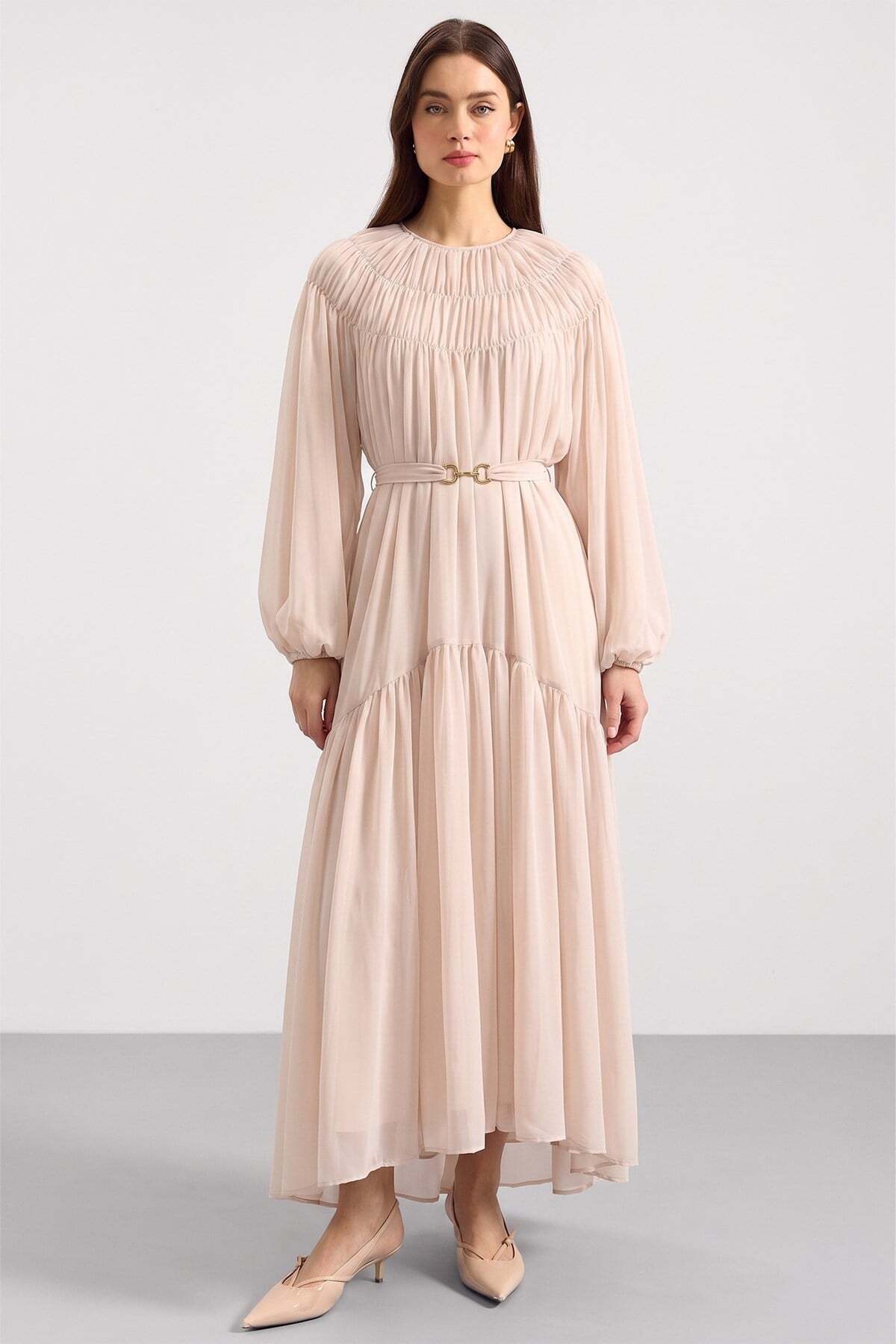 Olcay Chiffonkleid mit gerafften Ärmeln CREAM 9461-E