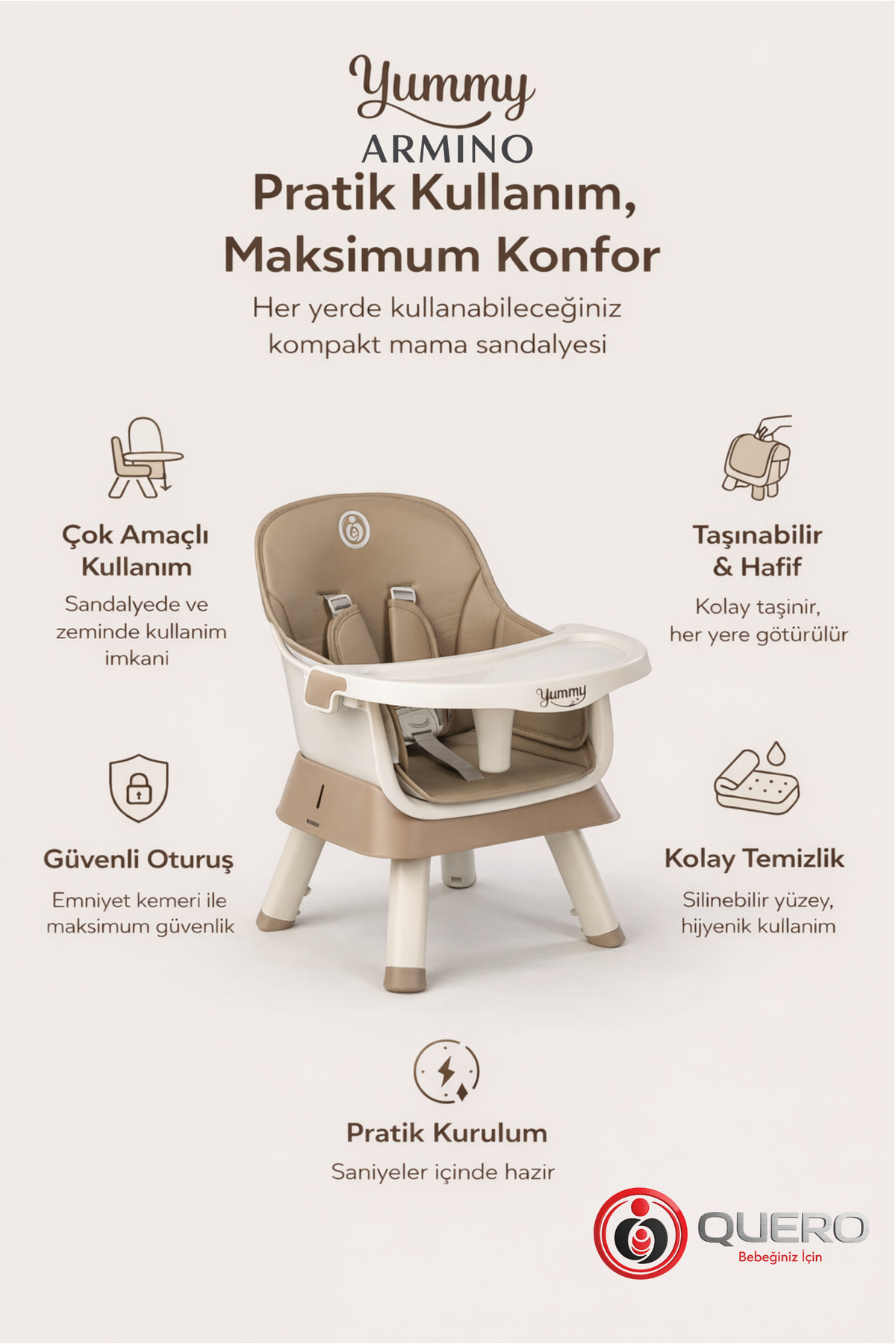 Quero Yummy Armino 4in1 Yükseltici Mama Sandalyesi 4 Özellik