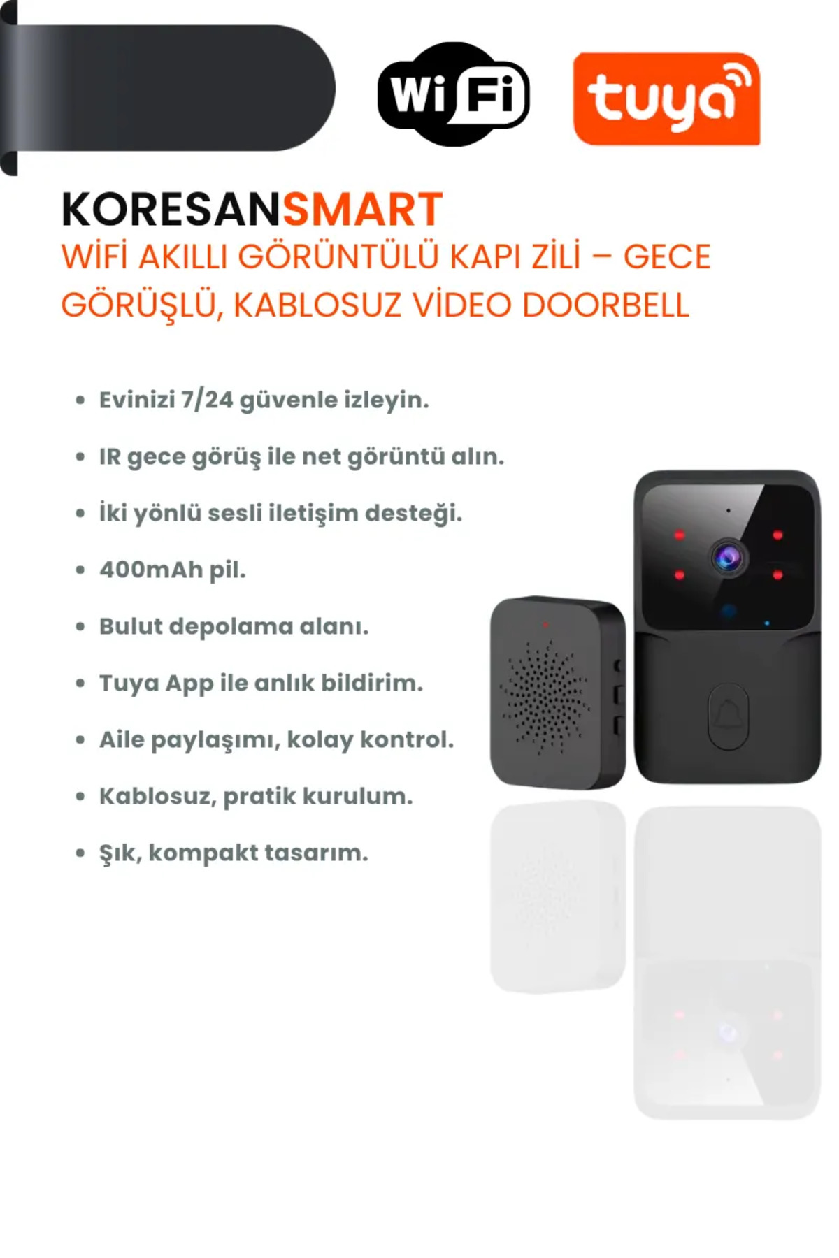 koresan BX202 Tuya WiFi Akıllı Görüntülü Kapı Zili – Gece Görüşlü
