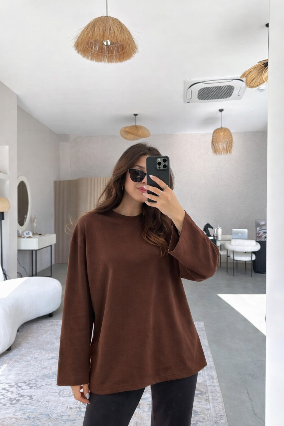 ELİSSE  Kadın 2’li Set Oversize Basic Uzun Kollu Tişört Gri Kahve Salaş Rahat Kalıp - Görsel 3