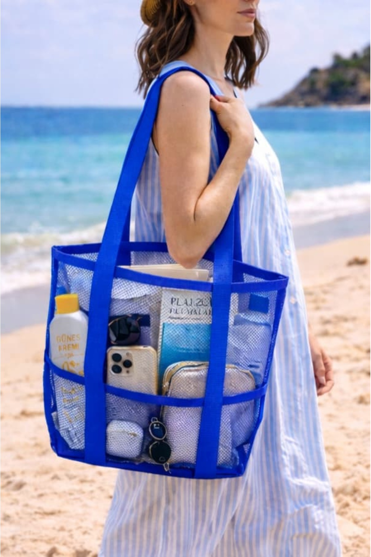 bb butik basic Şeffaf Mavi File Günlük & Plaj Çantası SZ3535 görsel 2