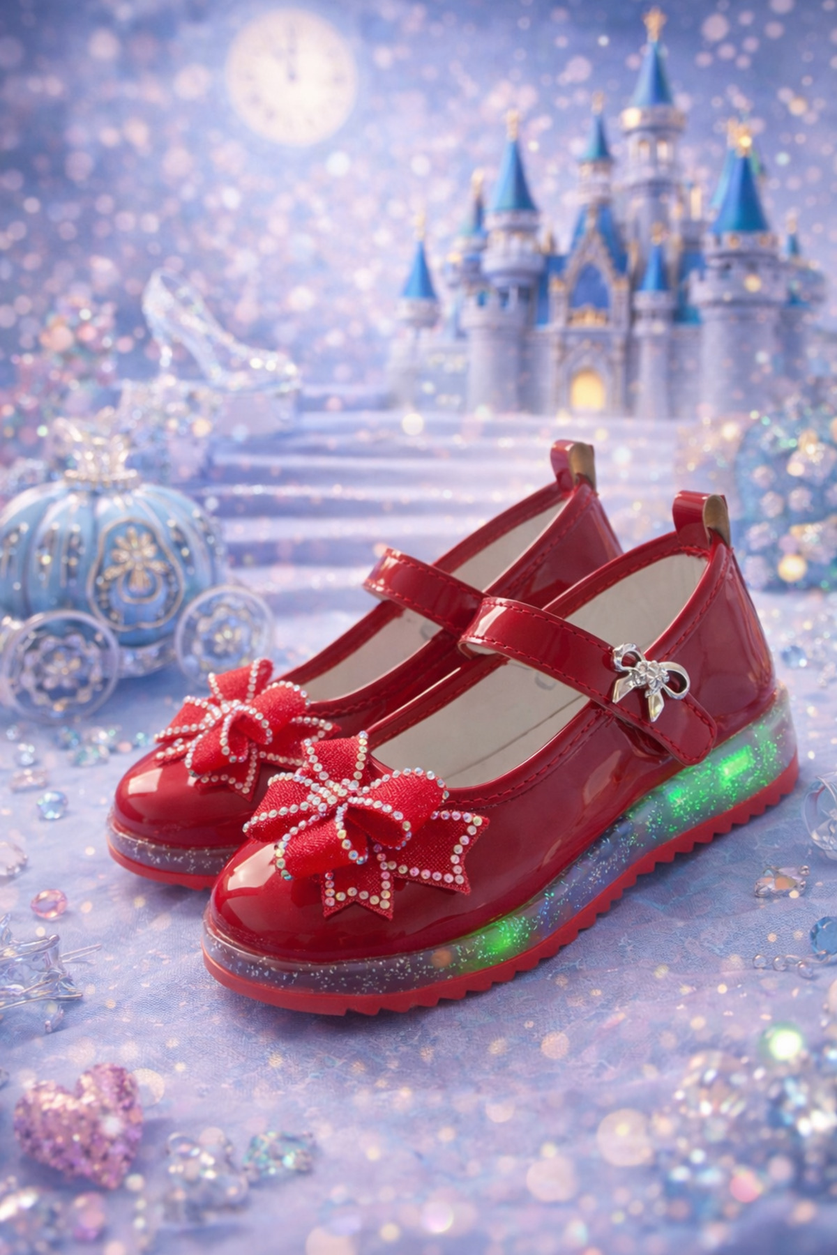 Girl Lighted Ballet Stone Bowknot Princess Shoes with Led Sole Red