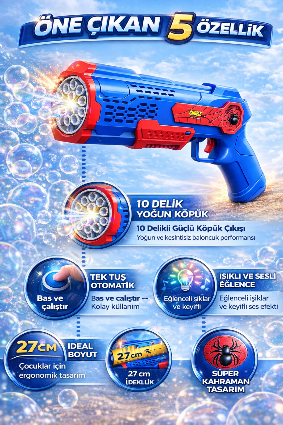 TRENDZONE Pilli Sesli Işıklı Örümcek Adam Köpük Tabancası 27cm