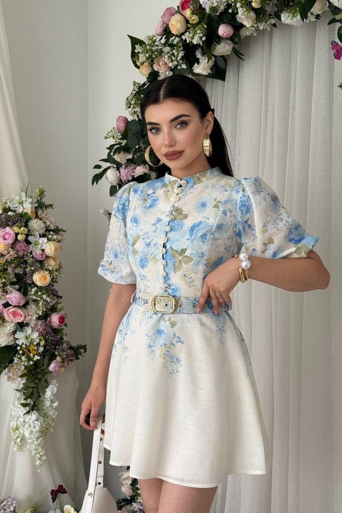 Floral Pattern Lined BELTED Button Detailed Mini Premium Linen Dress