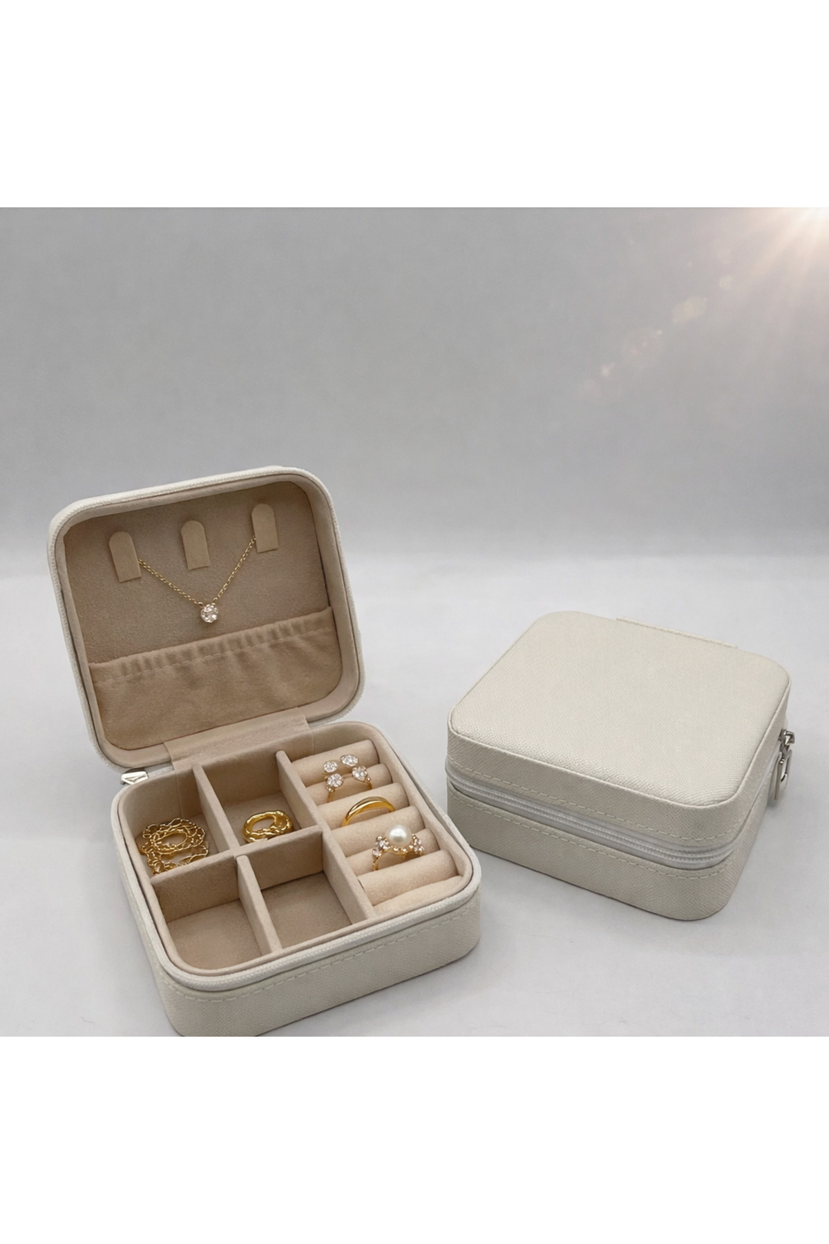 Mini Takı Organizer Krem | Seyahat Tipi Bölmeli Takı Kutusu | Küpe Yüzük Kolye Saklama Kutusu