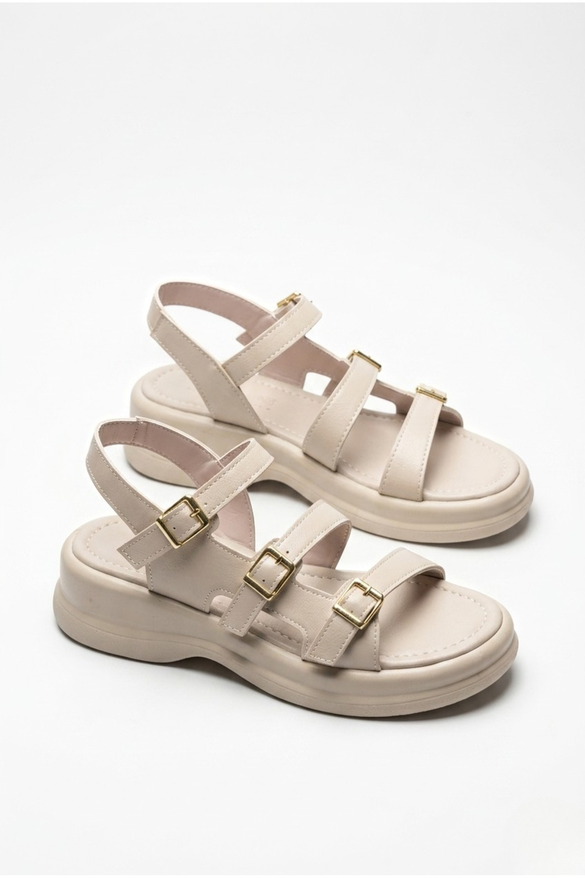 Women's Beige Thick Sole 3 Band Buckle Casual Casual Sandals