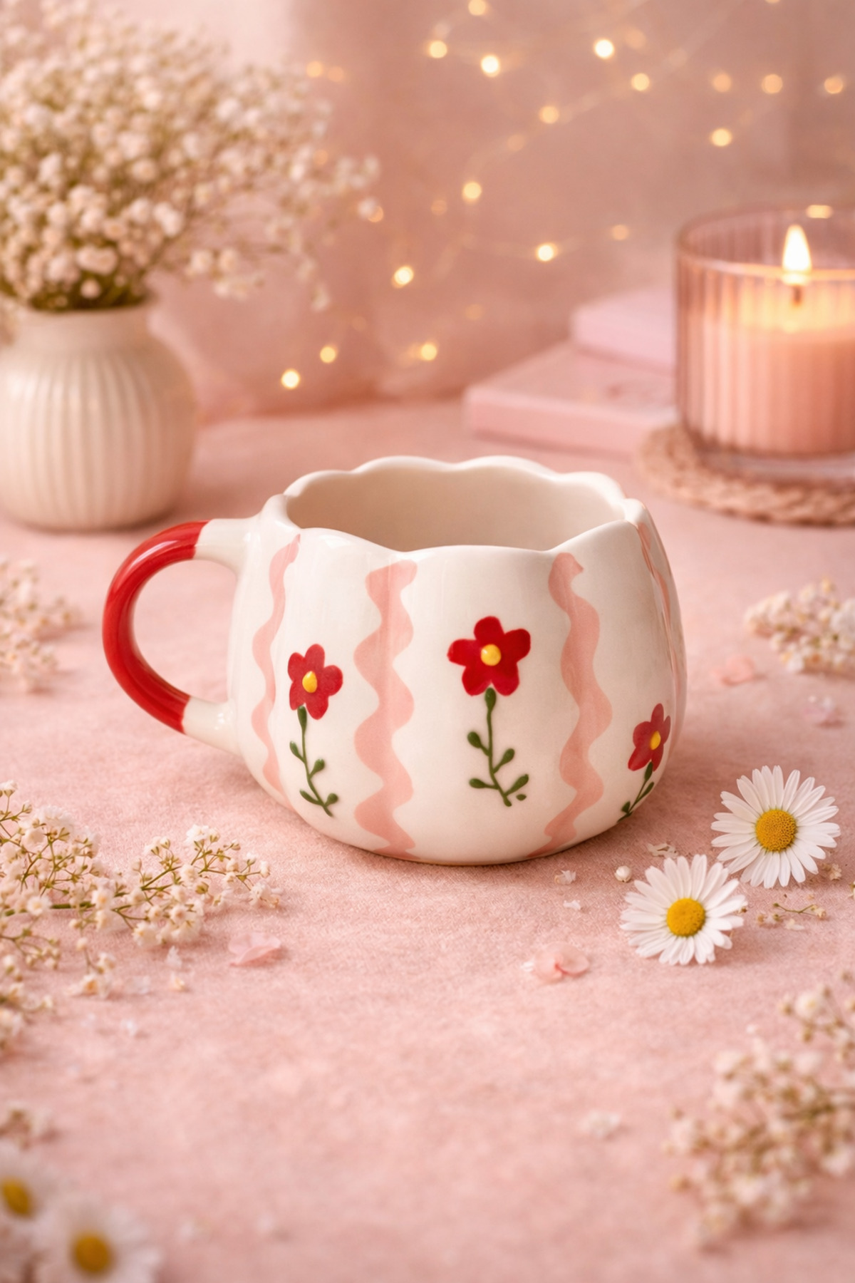 Ribbon Floral Patterned MOUTH WAVE DETAIL Custom Embossed Fully Handmade Ceramic Mug