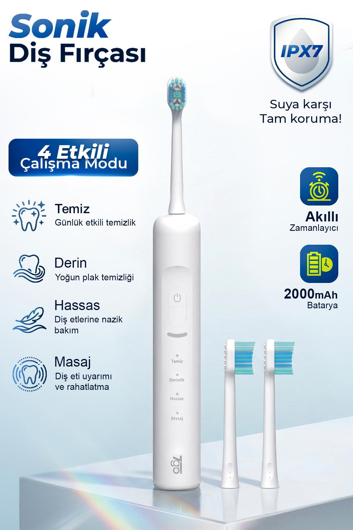 7GO 7GMF2 Sonic Elektrikli Diş Fırçası Beyaz – 2000m Ah, Type-C Şarjlı, IPX7 Su Geçirmez, 3 Modlu Şar ürün görseli
