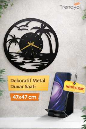 madam gold Dekoratif Sessiz Siyah Metal Duvar Saati 47x47cm Metal Telefon Tut...